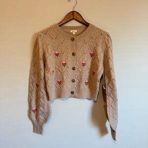 NWT Knit Cardigan Women L Crop Embroidered Flowers Cottage Core French Minimal